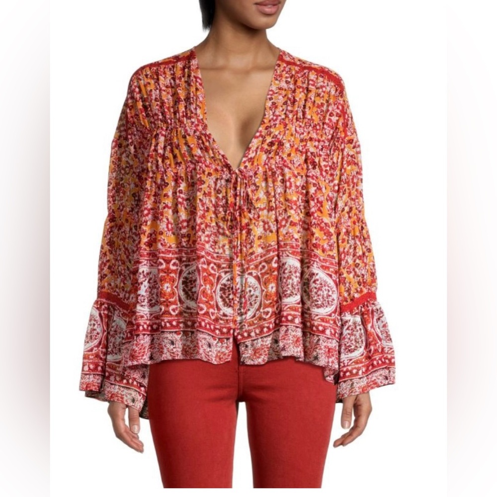 Free People NWT Lorraine Boho Print Tie Front Top Size Small